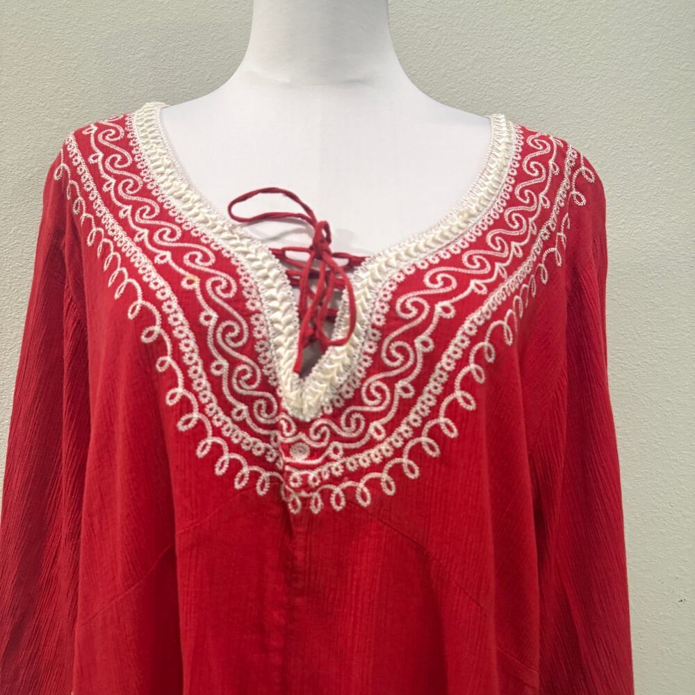 Boho Red White Embroidered Fringe Tunic Long Bell Sleeve Top Women 3x Resort - Picture 3 of 9